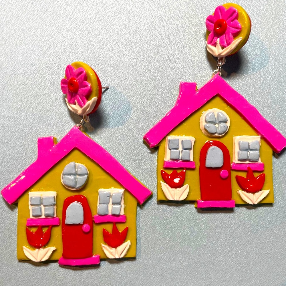 COPY - Country Cottage - Handmade Polymer Clay Dangle Stud Earrings Lime Pink C…
